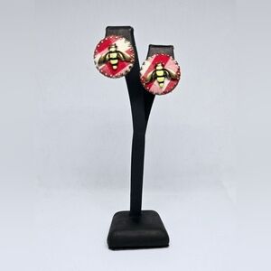 Bee Design Earrings with Red and White Checkered Accents